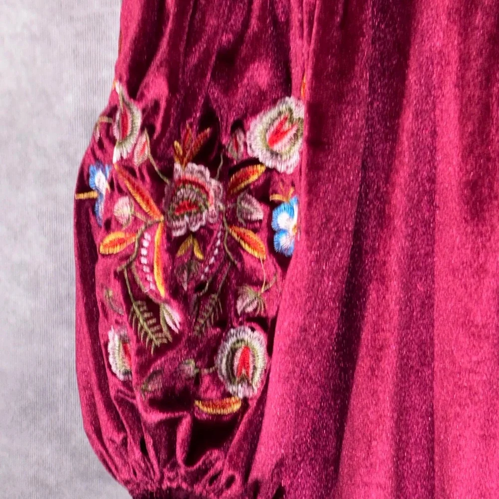 New Women's Plus Size 4X Velvet Embroidered Boho Dress Burgundy Floral Tassel